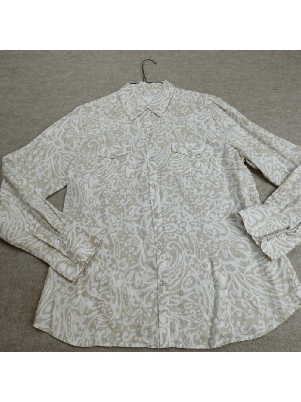 Charter Club Women's Shirt 16 Beige Paisley All Over 100% Linen Tab Sleeves